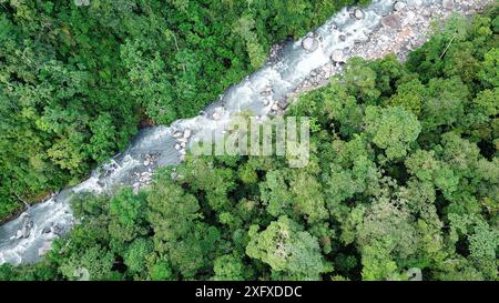 Blick aus der Vogelperspektive auf den kleinen Fluss und den Regenwald in Mittelhöhe. Manu Biosphärenreservat, Amazonien, Peru. November 2017. Stockfoto