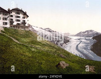 Der große Aletschgletscher ist der flächenmässig grösste und längste Gletscher der Alpen, Wallis, Schweiz / Aletsch, Glacier and Belalp Hotel, Wallis, Alps of, Switzerland , Historisch, digitale restaurierte Reproduktion von einer Vorlage aus dem 19. Jahrhundert, Datum nicht angegeben Stockfoto