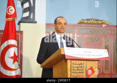 Tunis, die ISIE hielt die Pressekonferenz am Donnerstag ab. Oktober 2024. Der Präsident der Unabhängigen Hohen Behörde für Wahlen (ISIE) in Tunis, Farouk Bouasker, spricht am 4. Juli 2024 auf einer Pressekonferenz in Tunis. Die ISIE hielt die Pressekonferenz am Donnerstag ab und gab bekannt, dass die Präsidentschaftswahlen des Landes am 6. Oktober 2024 stattfinden werden. Quelle: Adel Ezzine/Xinhua/Alamy Live News Stockfoto