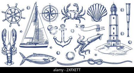 Nautische Vintage-Ikonen. Vektor Hand gezeichnet monochrome Skizze Illustration von Leuchtturm, Schiff, Anker, Meerestiere. Elemente für Marine Design isoliert Stock Vektor