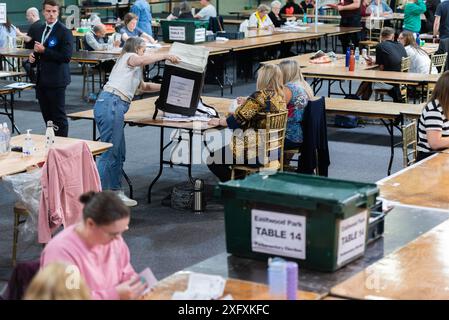 Überprüfung und Wahlauszählung für die Parlamentswahlen 2024 in Southend on Sea, Essex, UK. Stimmzettel leeren Stockfoto