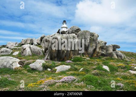 Die Penninis führen den Leuchtturm über den Wind, Regen und Meer erodierte Granitfelsen und Sommerblumen an einem hellen Tag im Juni. Erbaut vom Trinity House in 1 Stockfoto