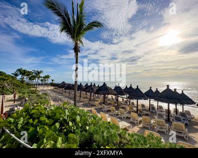 Panoramablick auf eine tropische Landschaft und Landschaft mit Liegestühlen und Strohschirmen an einem Strand aus feinem weißem und goldenem Sand, unter blauem Himmel und Stockfoto