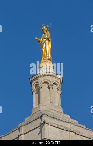 Avignon, Frankreich - 30. Januar 2016: Goldene Statue der Jungfrau Maria oben auf dem Glockenturm römisch-katholische Kathedrale Historisches Wahrzeichen am sonnigen Wintertag. Stockfoto