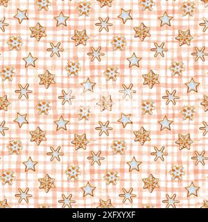 Aquarell Hand gezeichnetes nahtloses Weihnachtsmuster mit Lebkuchenkeksen auf beigem kariertem Hintergrund. Endlose Urlaubskulisse. Beigefarbenes Karo. Schrott Stockfoto
