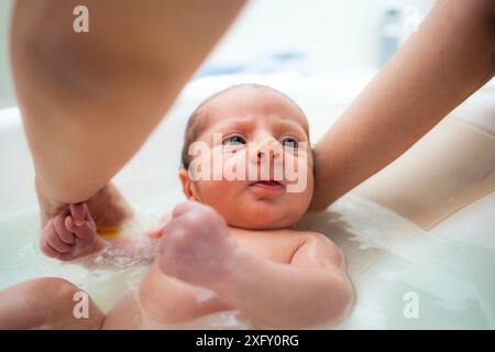 Erstes Bad des neugeborenen Jungen. Das erste Bad für ein Neugeborenes ist immer ein besonderer Moment. Stockfoto