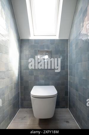 Kleine Toilette in Loft-Umbau mit cleverem Gebrauch der Traufe auf dem Dachboden. Architekt entworfen mit blauen Porzellan zellige Fliesen, weiße Wand hängende Toilette. Stockfoto