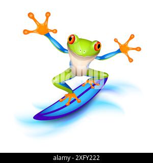 Kleiner Baumfrosch Surfer, der auf einem blauen Surfbrett auf der Welle reitet Stock Vektor