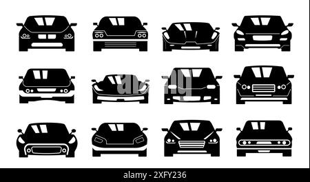 Schwarzes Symbol für die Fahrzeugfront. Seitenansicht des Fahrzeugs, Auto-Heckklappe der Limousine, Symbol für den Transport von Taxi-Fahrzeugen. Einfaches Vektor-Piktogramm isoliert Stock Vektor