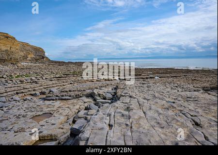 Felsige Küste, Stein, Strand, Meer, Himmel, Sommer, Nash Point, Marcross, Lantwit Major, Glamorgan Heritage Coast, Wales, Vereinigtes Königreich Stockfoto