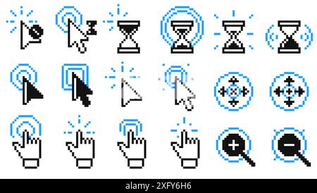 Pixel-Klick-Symbole. Vektorpfeil Klicks Symbol Mauszeiger Hand Fingerberührung Zielcursor flach, Webcomputer Mauszeiger Klick Schaltflächen Stock Vektor