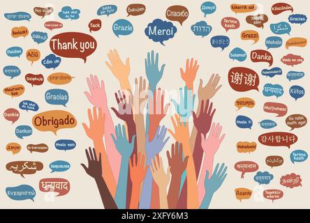 Banner mit Gruppe erhobenen Händen multikultureller Menschen aus verschiedenen Nationen und Kontinenten mit Sprechblasen mit Text - DANKE - in Sprachen Stock Vektor
