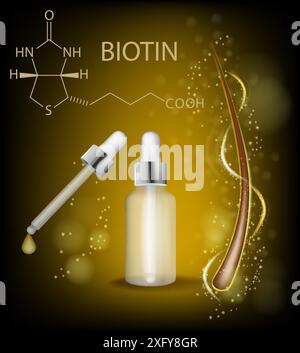 Konzept des Biotin-Serums Hair carel. Biotin und strukturchemische Formel. Vitamin B7 oder H-Molekül Stock Vektor