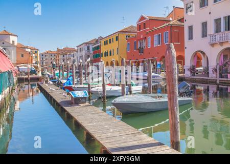 Die Kanalvene mit vertäuten Booten und vielen Möwen auf Stangen, Chioggia, Gemeinde der Metropolstadt Venedig, Veneto, Italien Stockfoto