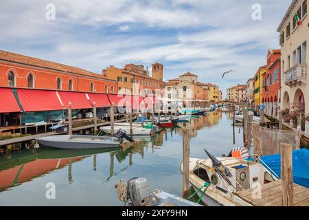 Blick auf den Canal Venal mit der Struktur des roten Fischmarktes, Chioggia, Küstenstadt der Metropolstadt Venedig, Veneto, Italien Stockfoto