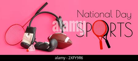 Verschiedene Sportgeräte auf rosa Hintergrund. Banner für den nationalen Sporttag Stockfoto