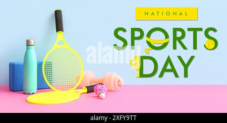 Verschiedene Sportgeräte auf hellblauem Hintergrund. Banner für den nationalen Sporttag Stockfoto