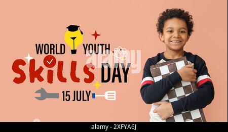 Banner für den World Youth Skills Day mit einem kleinen afroamerikanischen Jungen, der Schachbrett hält Stockfoto