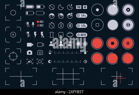 Schnittstelle für mobile Kameras. Kameraschnittstelle auf dem Smartphone mit Foto- und Videomodus, Rasterfokus- und Zoomeinstellungen, Touch-Fokus- und Blitzsymbolen Stock Vektor