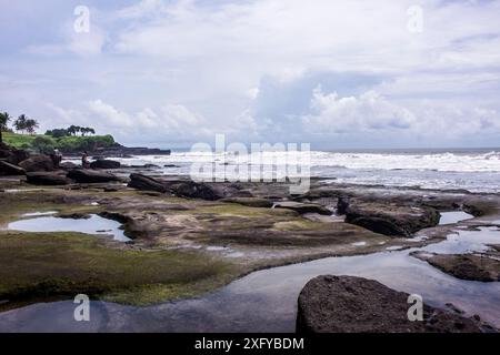 Tropische Meereslandschaft mit Strandfelsen, auf der gegenüberliegenden Seite des Pura Tanah Lot Tempels, bei Ebbe. In Bali, Indonesien Stockfoto