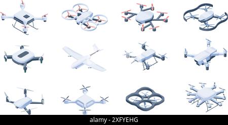 Isometrische Drohnen. Drohne unbemannte ferngesteuerte Überwachung Multicopter-Fahrzeuge, drahtlose Roboterhubschrauber-Technologie. Vektor Stock Vektor