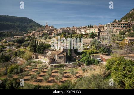 Blick auf Valldemossa, Serra de Tramuntana, Mallorca, Balearen, Spanien, Europa Stockfoto