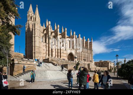 Touristen vor der Kathedrale von Palma, der Kathedrale von Santa Maria, Palma, Mallorca, den Balearen, Spanien, Europa Stockfoto