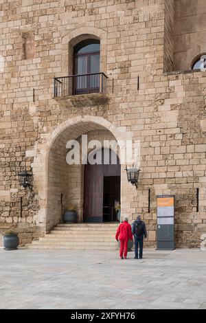 Besucher vor dem Haupteingang des Königspalastes La Almudaina, Palma, Mallorca, Balearen, Spanien, Europa Stockfoto