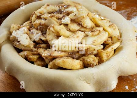 Torte machen. Gerollter Teig über eine Kuchenschale gelegt und mit Apfelscheiben gefüllt. Ansicht von oben. Stockfoto