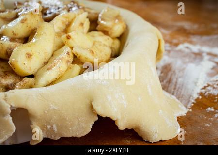 Torte machen. Gerollter Teig über eine Kuchenschale gelegt und mit Apfelscheiben gefüllt. Seitenansicht. Stockfoto