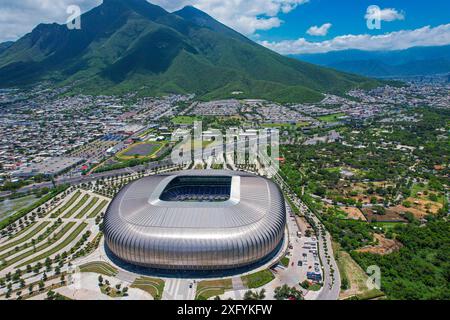 Aus der Vogelperspektive das BBVA-Stadion, Heimstadion des Monterrey Soccer Club, Hauptquartier der Weltmeisterschaft 2026 in Mexiko. First Division of Mexico oder Rayados de M Stockfoto