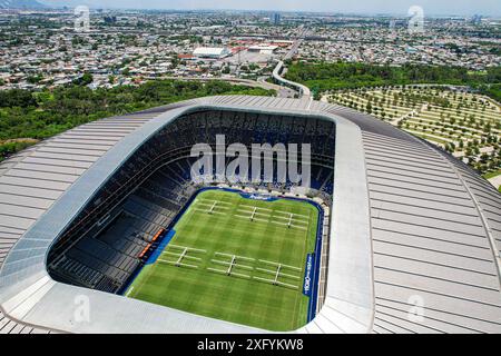 Aus der Vogelperspektive das BBVA-Stadion, Heimstadion des Monterrey Soccer Club, Hauptquartier der Weltmeisterschaft 2026 in Mexiko. First Division of Mexico oder Rayados de M Stockfoto