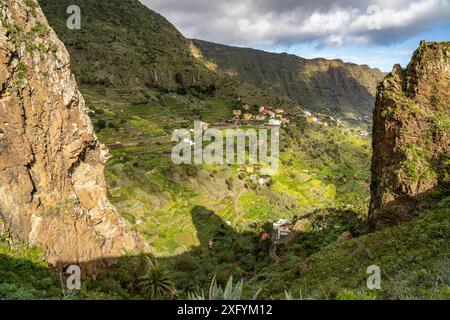 Twin Rocks Roques de San Pedro, Wahrzeichen von Hermigua, La Gomera, Kanarische Inseln, Spanien Stockfoto