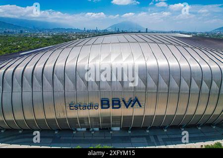 Aus der Vogelperspektive das BBVA-Stadion, Heimstadion des Monterrey Soccer Club, Hauptquartier der Weltmeisterschaft 2026 in Mexiko. First Division of Mexico oder Rayados de M Stockfoto