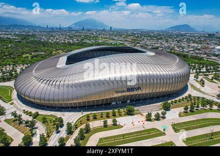 Aus der Vogelperspektive das BBVA-Stadion, Heimstadion des Monterrey Soccer Club, Hauptquartier der Weltmeisterschaft 2026 in Mexiko. First Division of Mexico oder Rayados de M Stockfoto