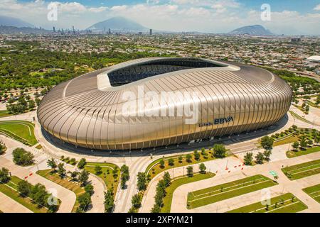 Aus der Vogelperspektive das BBVA-Stadion, Heimstadion des Monterrey Soccer Club, Hauptquartier der Weltmeisterschaft 2026 in Mexiko. First Division of Mexico oder Rayados de M Stockfoto