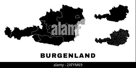 Burgenlandkarte, österreichisches Bundesland. Verwaltungsbereich Österreich, Provinzen, Bezirke und Gemeinden. Stock Vektor