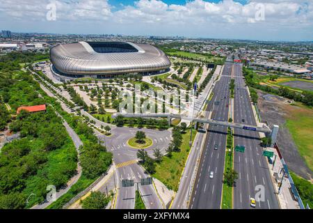 Aus der Vogelperspektive das BBVA-Stadion, Heimstadion des Monterrey Soccer Club, Hauptquartier der Weltmeisterschaft 2026 in Mexiko. First Division of Mexico oder Rayados de M Stockfoto