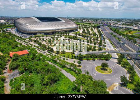 Aus der Vogelperspektive das BBVA-Stadion, Heimstadion des Monterrey Soccer Club, Hauptquartier der Weltmeisterschaft 2026 in Mexiko. First Division of Mexico oder Rayados de M Stockfoto