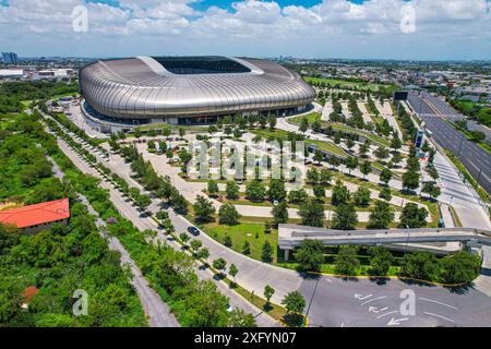 Aus der Vogelperspektive das BBVA-Stadion, Heimstadion des Monterrey Soccer Club, Hauptquartier der Weltmeisterschaft 2026 in Mexiko. First Division of Mexico oder Rayados de M Stockfoto