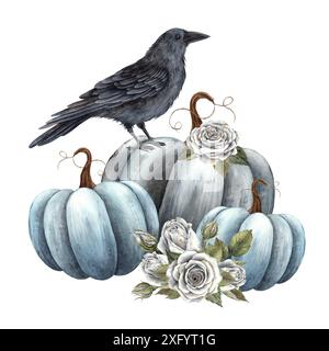 Blaue Kürbisse, realistischer schwarzer Raben, weiße Rosen und grüne Blätter. Aquarellillustration im realistischen Gothic-Stil. Geeignet für Urlaub und Herbst Stockfoto