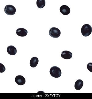 Nahtloses Muster mit grünen schwarzen Beeren. Handgezeichnete Aquarellillustration auf weißem Hintergrund für Druck, Geschenkpapier, Textil, Stoff, Verpackung Stockfoto