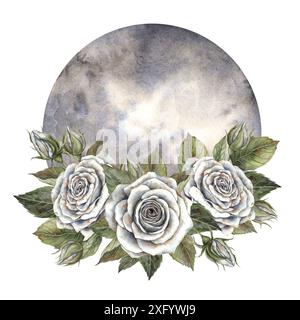 Eine kühle weiße Rose mit grünen Blättern und einem großen Mond. Handgezeichnete Aquarellillustration in magischem Stil. Für Design, Dekoration, Karten, Halloween i Stockfoto