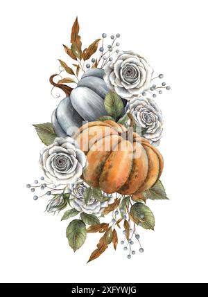 Schwarz-orange Kürbisse, weiße Rosen mit Herbstblättern und Beeren. Handgezeichnete Aquarellillustration im Vintage-Stil. Geeignet für Halloween, Th Stockfoto