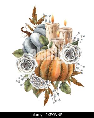 Schwarze und orangene Kürbisse, Wachskerzen, weiße Rosen mit Herbstblättern und Beeren. Handgezeichnete Aquarellillustration im Vintage-Stil. Geeignet für Stockfoto