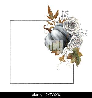 Schwarzer Kürbis mit Blättern, weißen Rosen, Herbstblättern und Beeren. Handgezeichneter quadratischer Rahmen in Aquarellen im Vintage-Stil. Passend für Halloween, danke Stockfoto