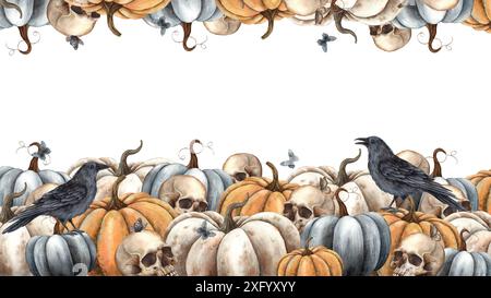 Kürbisse in verschiedenen Farben, schwarze Krähe, Schmetterlinge und ein menschlicher Schädel. Handgezeichneter mystischer Rahmen mit Wasserfarben und Textstelle. Geeignet für Dekora Stockfoto