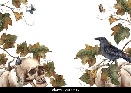 Weißer Kürbis, Schädel, schwarzer Raben, Kürbisblätter und Schmetterlinge. Handgezeichneter botanischer Rahmen in Aquarellfarben mit Platz für Text. Zur Dekoration geeignet, Stockfoto