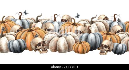 Kürbisse in verschiedenen Farben, schwarze Krähe, Schmetterlinge und ein menschlicher Schädel. Handgezeichnete Aquarelle mystische nahtlose Grenze. Geeignet für Dekoration, Karte Stockfoto
