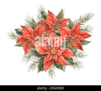 Strauß von Weihnachtsstern mit Tannenzweigen. Aquarell-Vintage-Weihnachtskomposition aus roten Blumen und grünen Kiefernzweigen. Blumenstrauß zu Weihnachten und ne Stockfoto